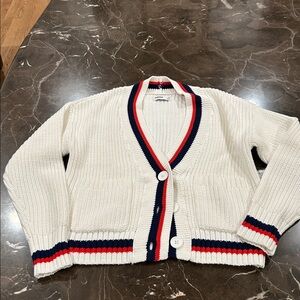 Sonoma White Cardigan with Red and Blue Accents